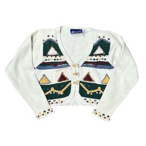 Vintage 90s Cardigan Cropped Embroidered Applique Cottage Boho Sweater Artsy XS